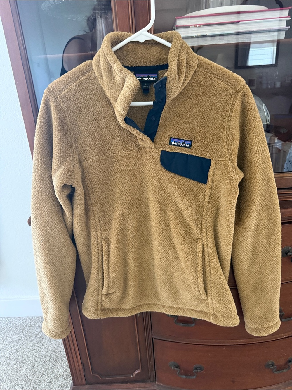 Patagonia Tan Fleece Pullover with Navy Pocket Trim